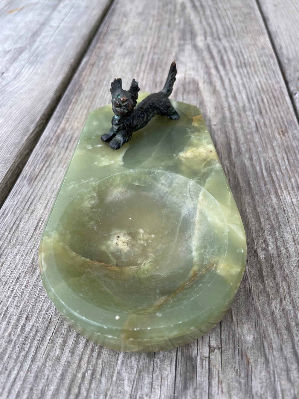 VNT Rare Green Onyx Dish with Scottie Dog Figurine